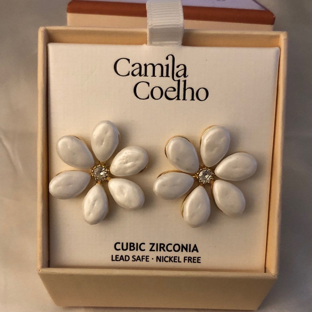 Camila Coelho Gold Tone & White Faux Pearl Flower Shaped Stud Earrings NIB